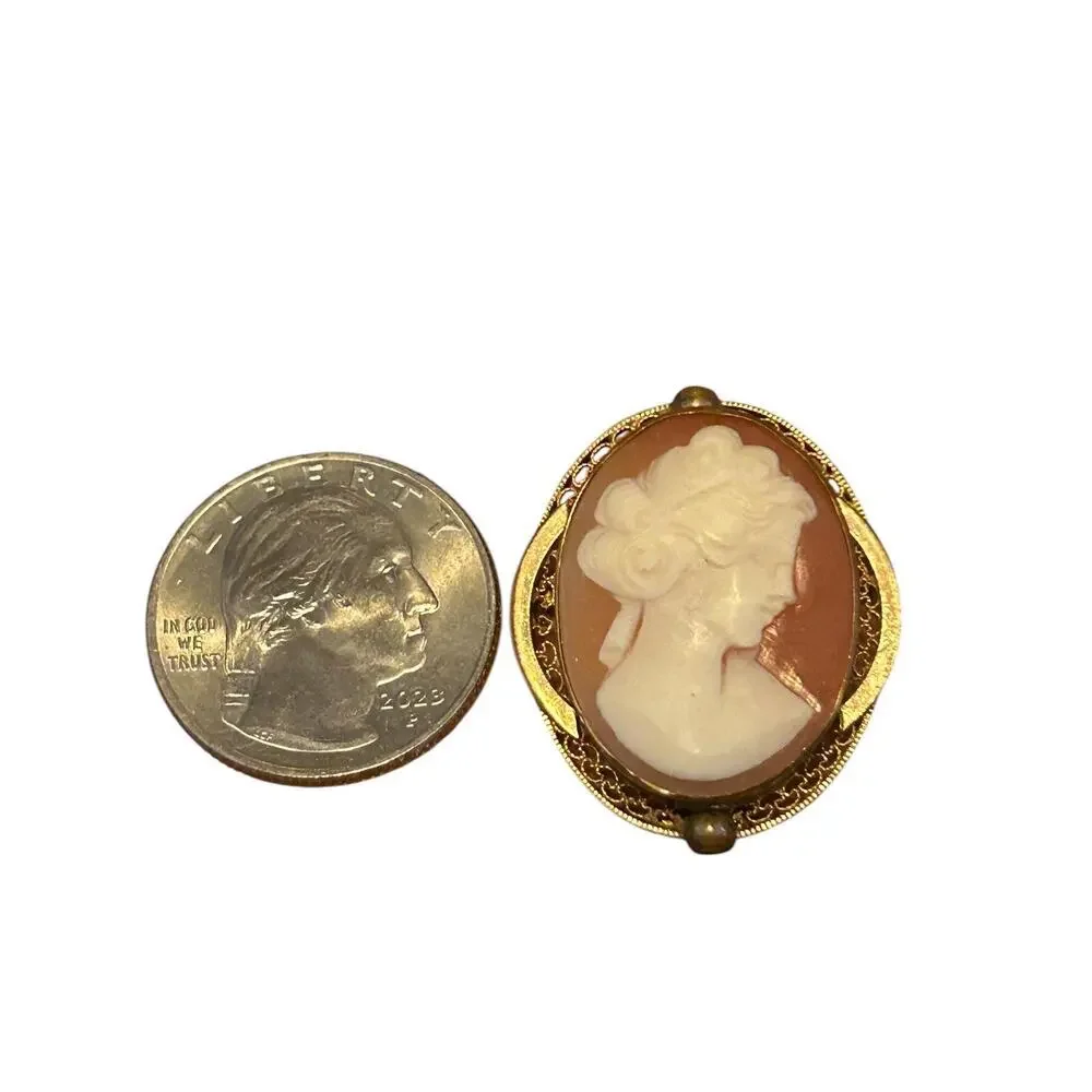 Vintage D’Abros Shell Cameo Brooch Pendant 12K Gold Filled Filigree Frame